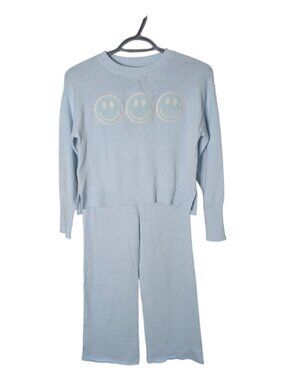 Cupcakes and Cashmere Youth Blue Knit Happy Face Lounge Set Size Medium (10-12)
